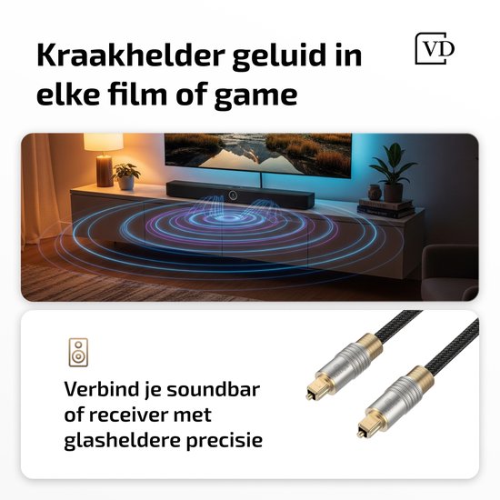 Optische kabels aangesloten op een soundbar in een woonkamer.