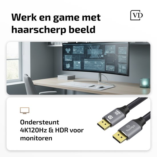 Een gebogen monitor op een bureau met grafieken, ondersteunt 4K 120Hz & HDR. Twee grijze Displayport kabels.