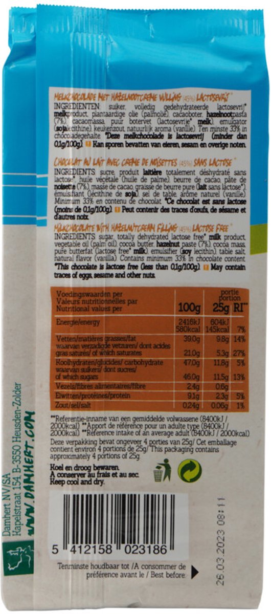Damhert - Chocoladetablet Praliné Lactosevrij - 6 x 100 gr - Voordeelverpakking
