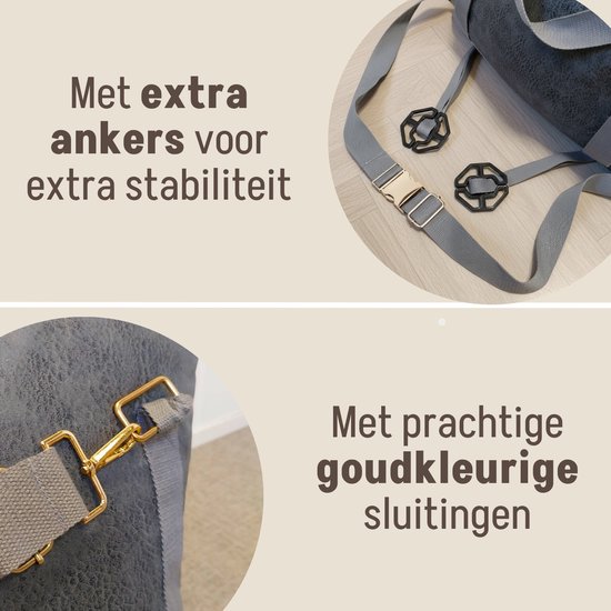 Grijze hondenmand met extra ankers voor stabiliteit en goudkleurige sluitingen.