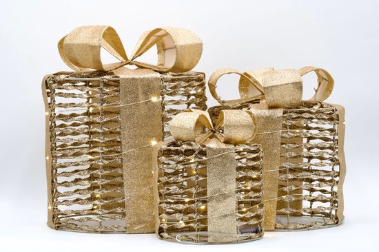 Attent 3 pièces - LED - or - pailleté - Cadeau de Noël - Boîtes de décoration - Éclairage de Noël - Décoration de Noël - Sous le sapin - Décorations de Noël - Ambiance de Noël