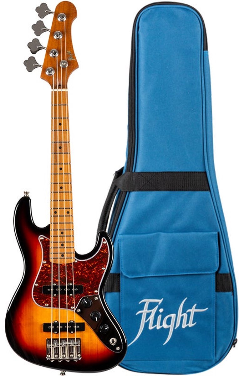 Flight Mini JB Bass SB Elektrische Mini Bas Ukulele Sunburst met Alnico 5 Pickups en Roasted Maple Hals