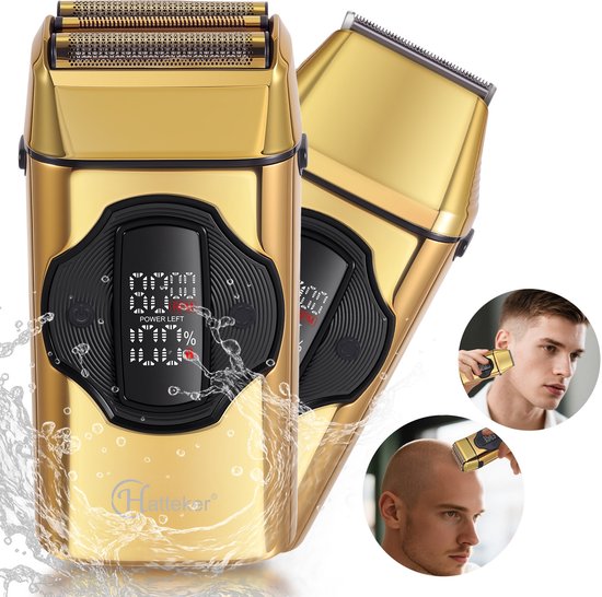 Hatteker Elektrisch Scheerapparaat voor Mannen – 2-in-1 Scheer- en Trimgapparaat – Tondeuse – Foliescheerapparaat met 3 Snelheidsstanden en Oplaadbasis – IPX7 Waterdicht – Magnetische Scheerkop – Goud - Hatteker - €38,69