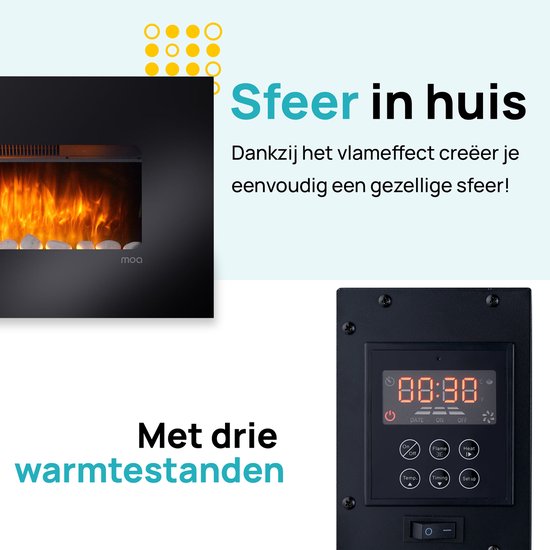 Zwarte elektrische haard met vlam- en gloedeffect, bedieningspaneel met digitale display.
