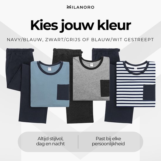 Drie pyjama sets: navy/blauw, zwart/grijs, gestreept blauw/wit met borstzakje.