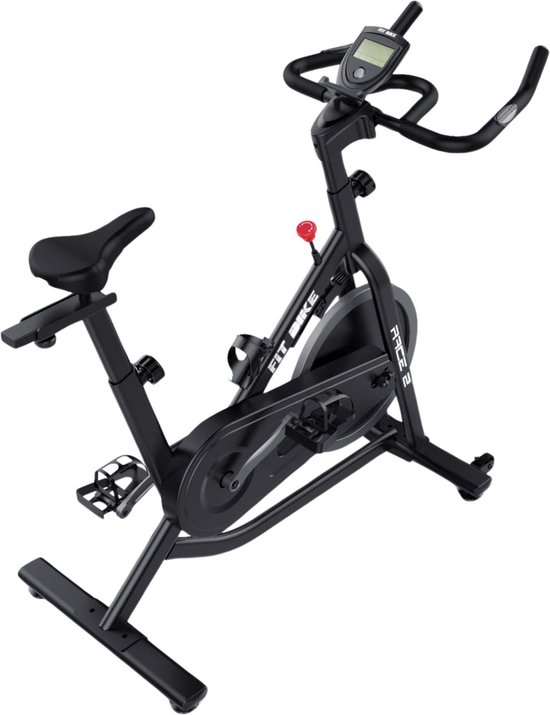 Zwarte FitBike Race 2 spinfiets met trainingscomputer, vanuit een schuin vogelperspectief.