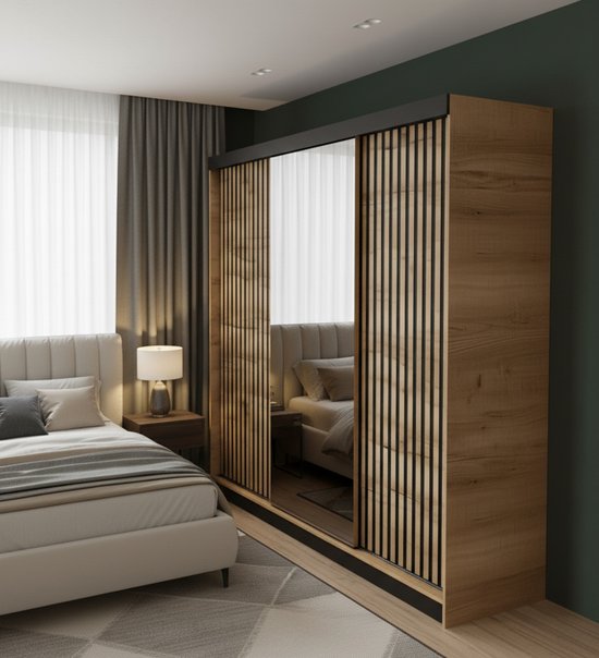 Armoire à portes coulissantes avec miroir 200 cm - Armoire de Luxe Goud Chêne - Armoire avec Portes coulissantes et penderie - Meuble de rangement moderne pour chambre ou salon - Medahomestore MALANI 200