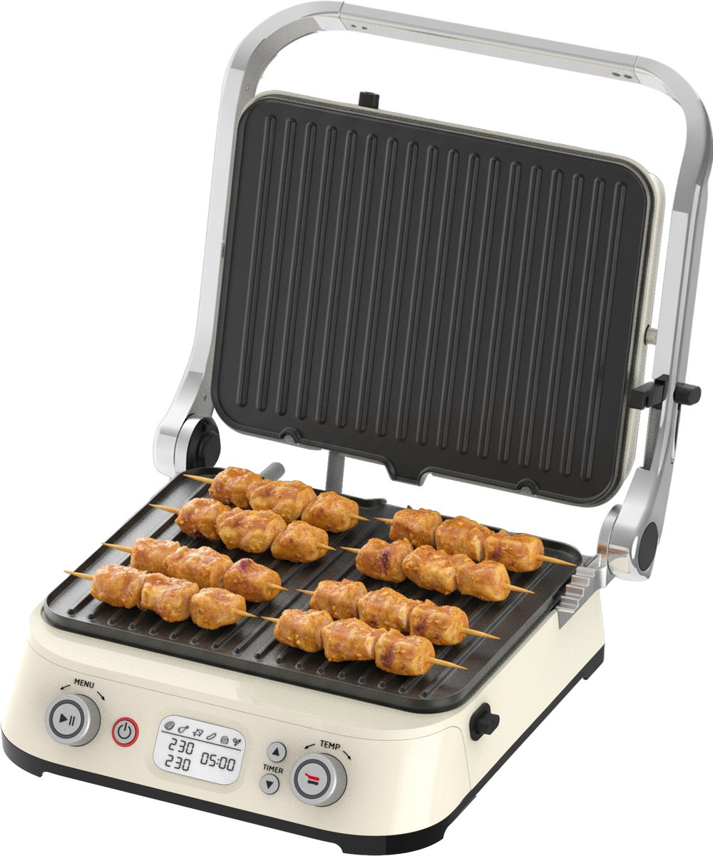 COOK-IT Retro Grill - 1800W - Afneembare Anti Aanbakplaten (PFAS-vrij) - Digitaal Display - Instelbare Temperatuur & Timer - Zweefsysteem - Cooltouch Handgreep - Vergrendelsysteem - Vetopvangbakje