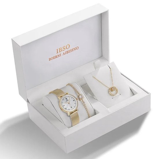 Gouden dames geschenkset van I B S O met horloge met Romeinse cijfers, armband en ketting met cirkels.