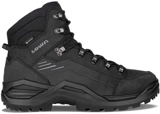 Zwarte LOWA Renegade wandelschoen met veters, Gore-Tex label en profielzool.