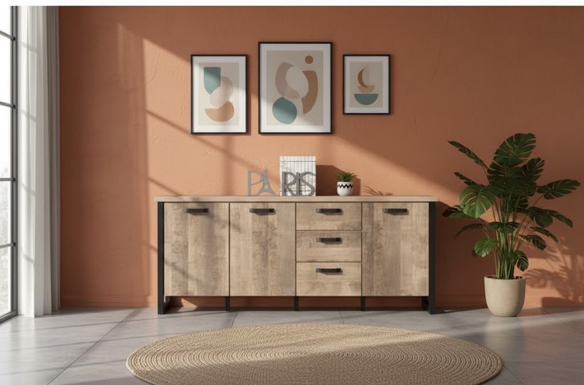 Dressoir met Lades en Deuren 214x86x45 cm – Woonkamer Opbergkast in Tabakseiken & Matera – Rustiek & Modern