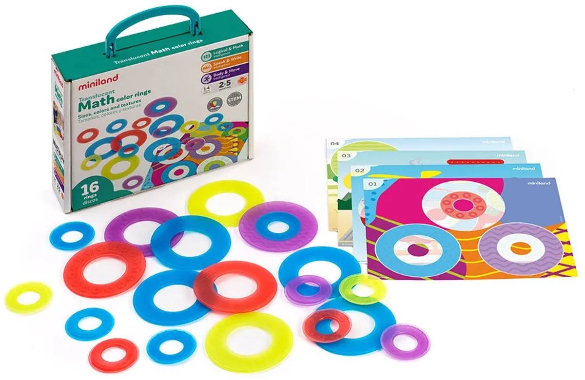 ML Transparant: MATH COLOR RINGS diam.9cm, doorzichtig, geschikt voor lightpad, 16 ringen en 4 speelkaarten, 2+