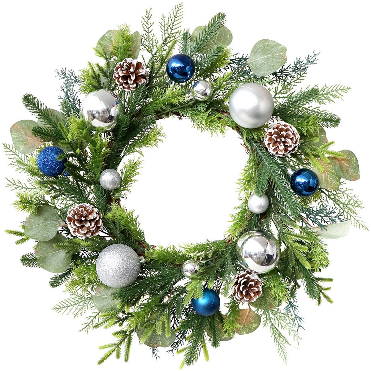Kerstkrans-Voor-Deur-Blauw-Groen-Kunststof-Kerstballen-50cm