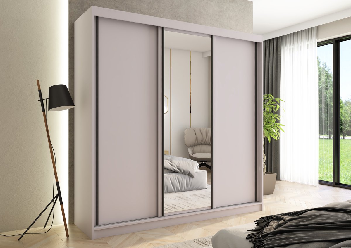 Pro-meubels - Kledingkast Montreal - 205cm - Beige - Met spiegel - Garderobekast - Slaapkamer - Schuifdeur