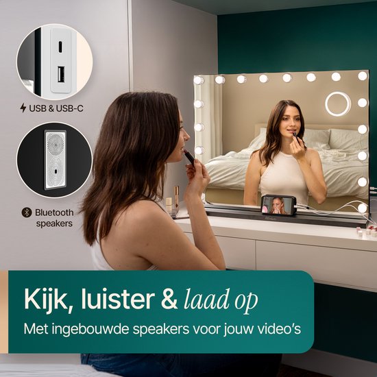 Mirlux Hollywood Spiegel 80x60CM - 2 Bluetooth Speakers - USB & USB-C Oplaadpoorten - LED Verlichting - Make Up Spiegels - 10x Zoom - Zwart