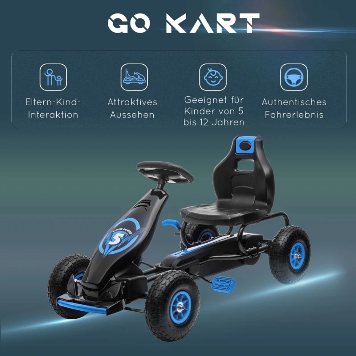 Skelter - GoKart voor Kinderen - Kinderkart met Pedalen - Verstelbaar Zadel - 5+ Jaar - Geschikt voor Binnen en Buiten - Blauw+Zwart — afbeelding 7