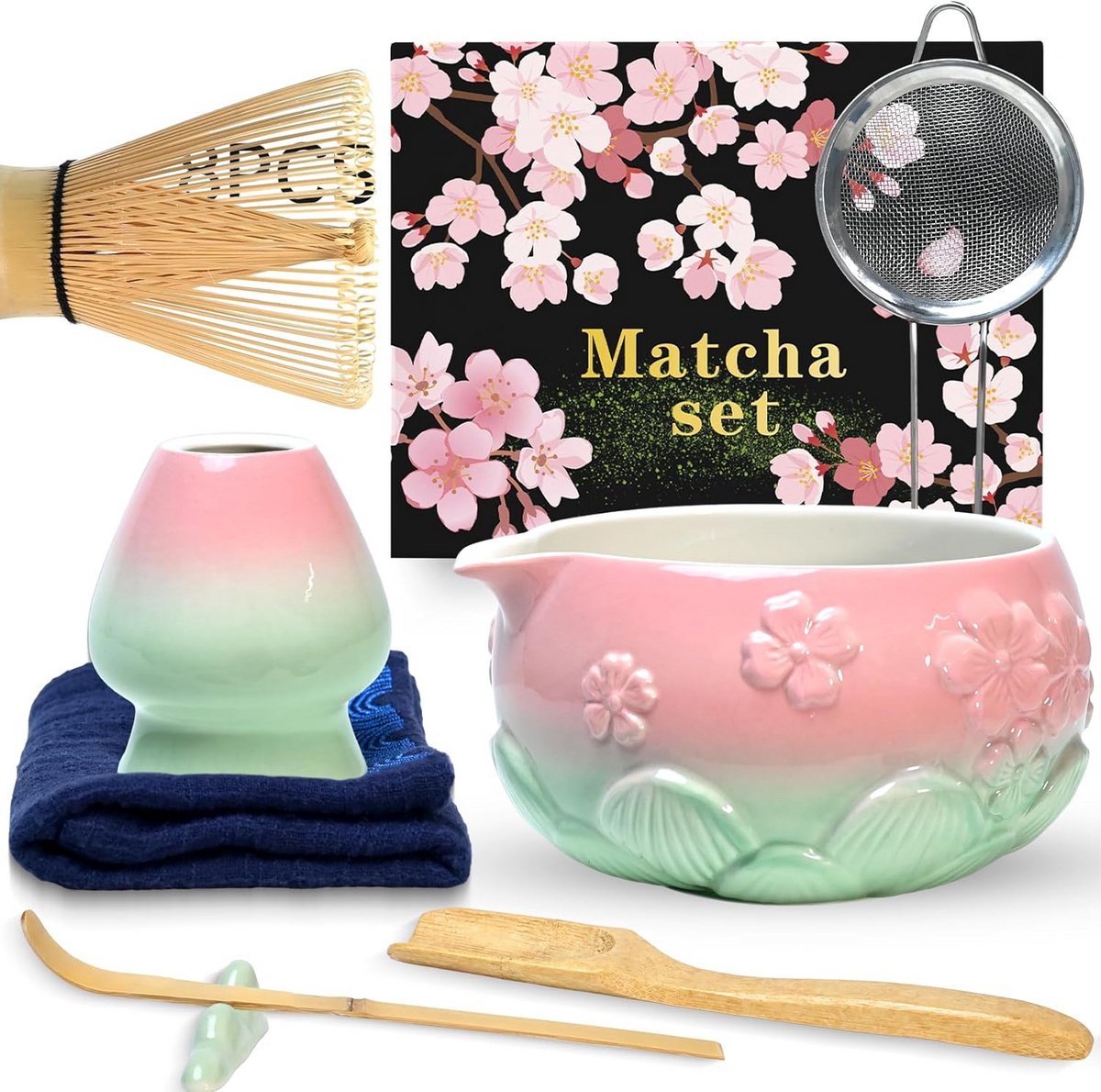 8-delig Matcha Set met Kom, Zeef, Lepel en Houten Houders - Japans Theeservies