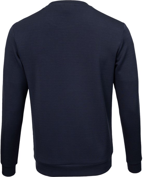 Donkerblauwe trui met lange mouwen, ronde hals en geribde boorden.