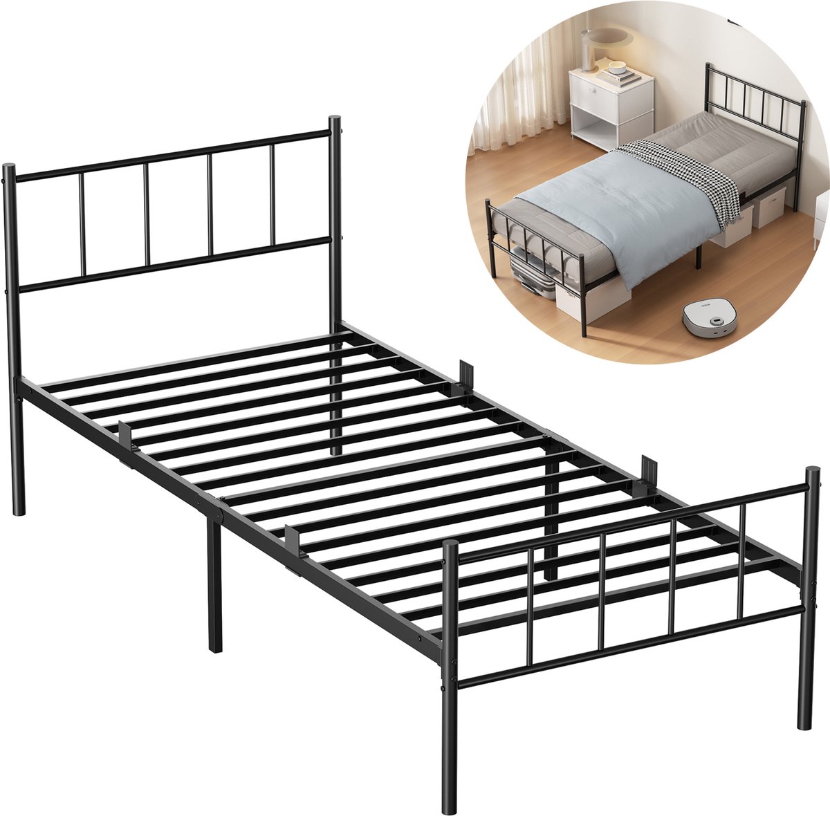 KUTAS Metalen bedframe 90x200 cm - Minimalistisch - Met Hoofdeinde - Anti Slip - Stevig - Roestvrij - Zwart