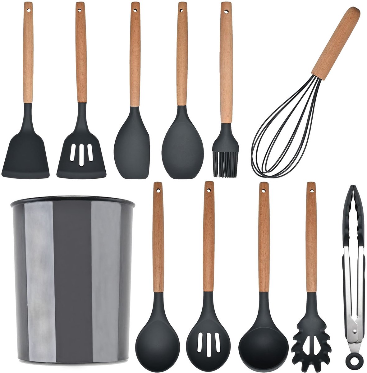 MODFU Siliconen Keukengerei Set met Houten Handvatten – 12-delig – Inclusief Opberghouder