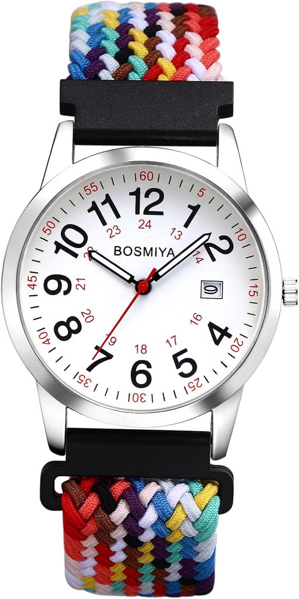 Elastisch dames en heren horloge met gevlochten armband en grote cijfers