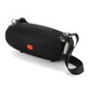 Zwarte draagbare Bluetooth speaker met oranje logo en draagband.