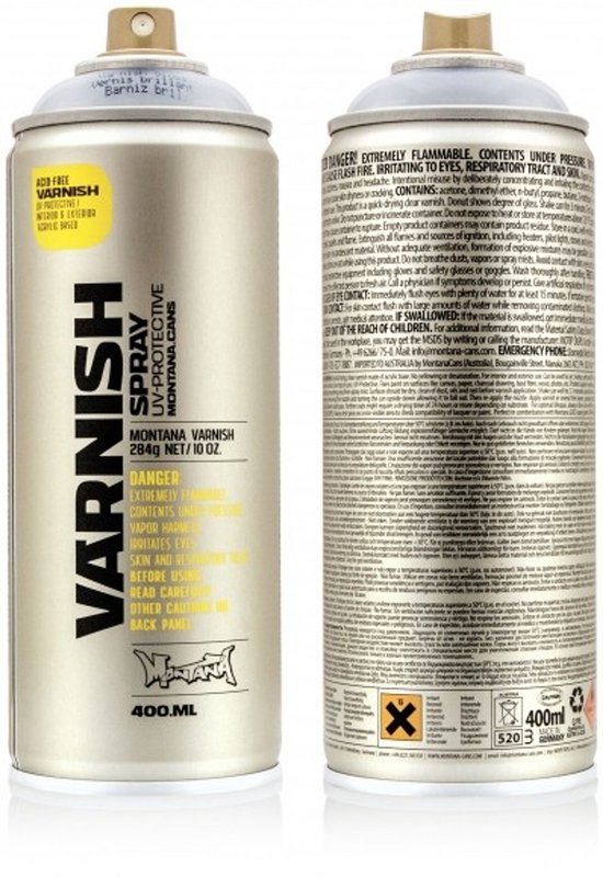 Twee gouden spuitbussen met zwarte tekst, "VARNISH SPRAY UV-PROTECTIVE MONTANA CANS" op de ene, de andere met waarschuwingen.