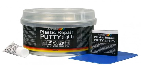 Blik met MOTIP Plastic Repair PUTTY (light) en een tube.