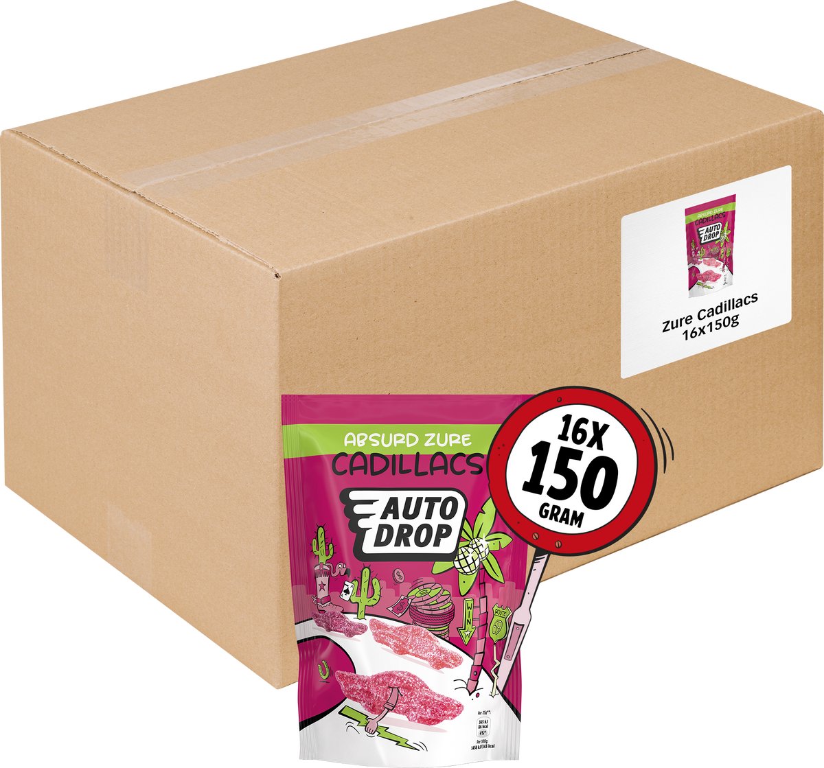 Autodrop - Snoep - Bekkentrekkend Zure Cadillacs - 16 zakjes - 150 gram