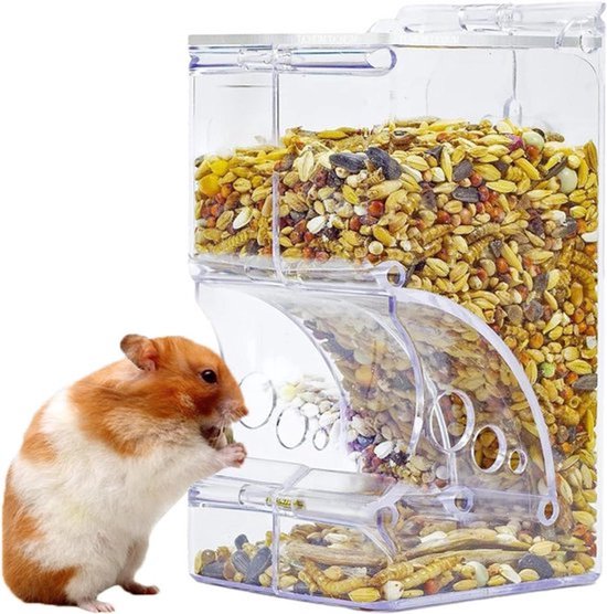 Hamstervoerdispenser voor hamsters - transparant acryl - automatisch - 300 ml - geschikt voor papegaaien en mini-egels