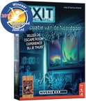 Doos 'EXIT - Evacuatie van de Noordpool' met 'Winnaar Speelgoed van het Jaar 2018' sticker. Donkerblauw met noorderlicht boven besneeuwde ruimte.