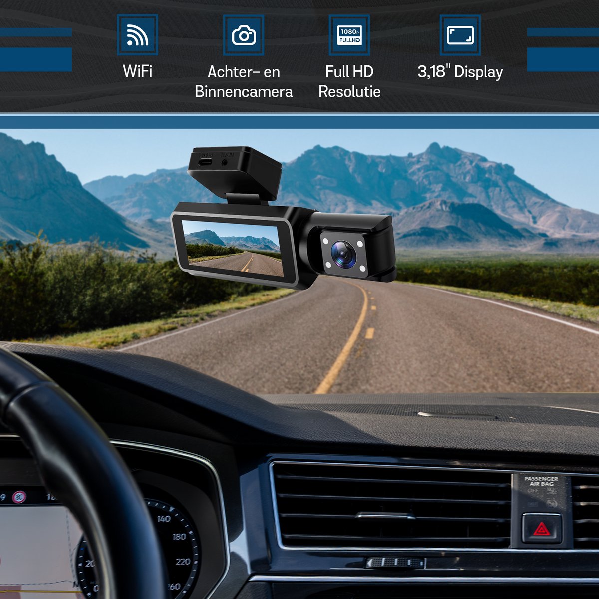 Tech Essentials A100 Dashcam - 1080P - Wifi - SD Kaart 64GB - Met Achteruitrijcamera - USB-C - Voor Auto Camera - Voor En Achter - Full HD - Parkeermodus - Nachtzicht thumbnail 2