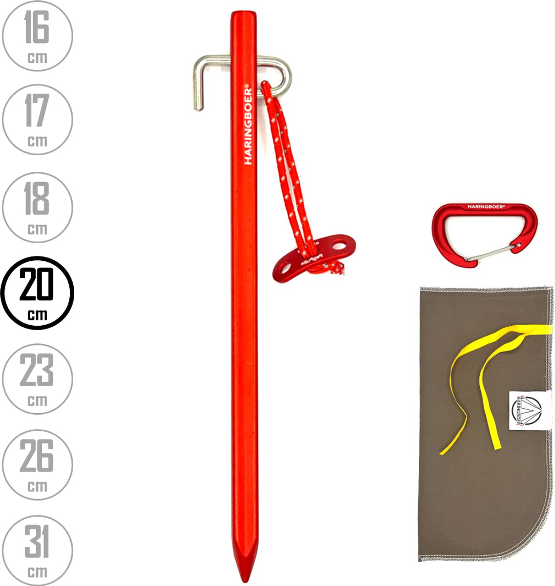 Tentharingen Aluminium 20 cm - 12x Rotspennen voor Tent met PegPull® - Incl Haringzak & Carabiner - Haringboer®