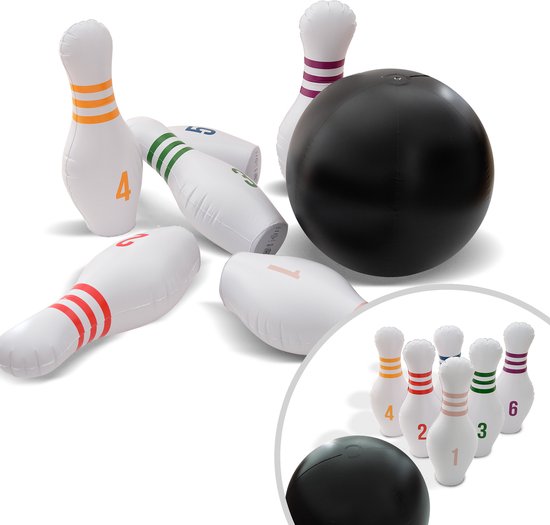 Ocean 5 Reuzenbowling, Bowlingset Kinderen, 1 Opblaasbare Bowlingbal met 6 Bowlingkegels 68,5 cm, Kegelspel Inclusief Pomp en Reparatiesetje, Opblaasbaar Bowlingspel, Bowlingspel voor Buiten