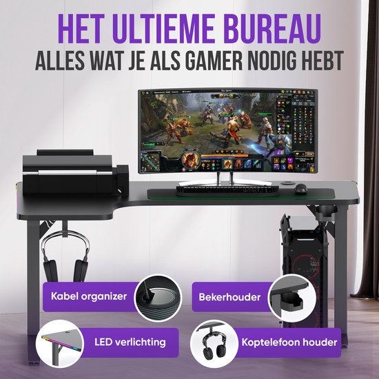 Gaming bureau met kabel organizer, bekerhouder, LED-verlichting en koptelefoonhouder.