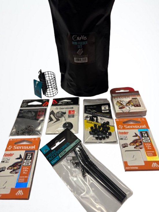 Zwarte verpakking met Cap-VIS MINI FEEDER SET, diverse feeder accessoires waaronder een korf, loodjes en haken.