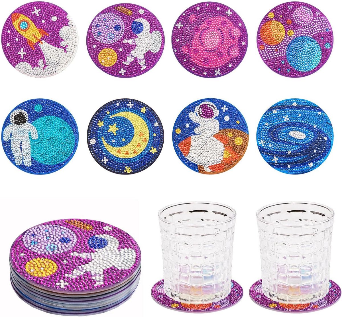 Ronte - DIY Diamond Painting Coaster Set Ruimte Thema - Glazen Coaster Set voor Beginners - Kunst en Ambacht Benodigdheden