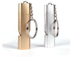 Fluitjes - Noodfluitjes voor overleving - Set van 2 - Extra luide aluminium fluitjes voor buiten - Slanke reddingsfluitjes met dubbele loop - Geschikt voor zwemtraining, kamperen, wandelen, jagen, varen en andere activiteiten (Goud + Zilver)