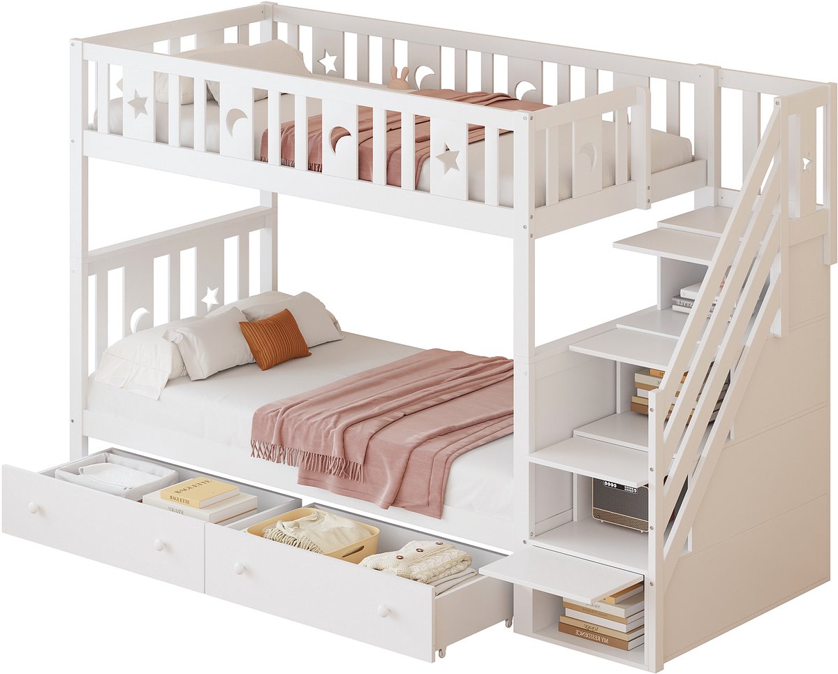 Kinderbed 90*200/90*200 cm, massief houten stapelbed met veiligheidstrap, opbergtrap, twee grote lades en lattenbodem, wit