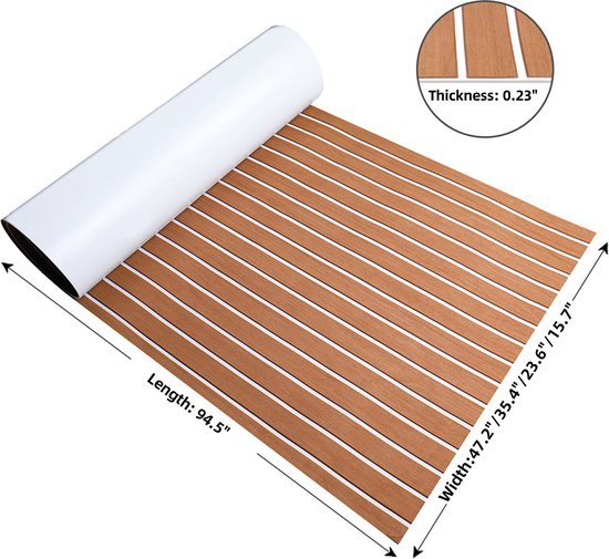 Tapis de Pont EVA Teak Foam Pro Series – Revêtement de Pont Premium Autocollant – Pont de Bateau Antidérapant – 240x60 cm – Brun Clair avec Lignes Witte – TeakFoamShop