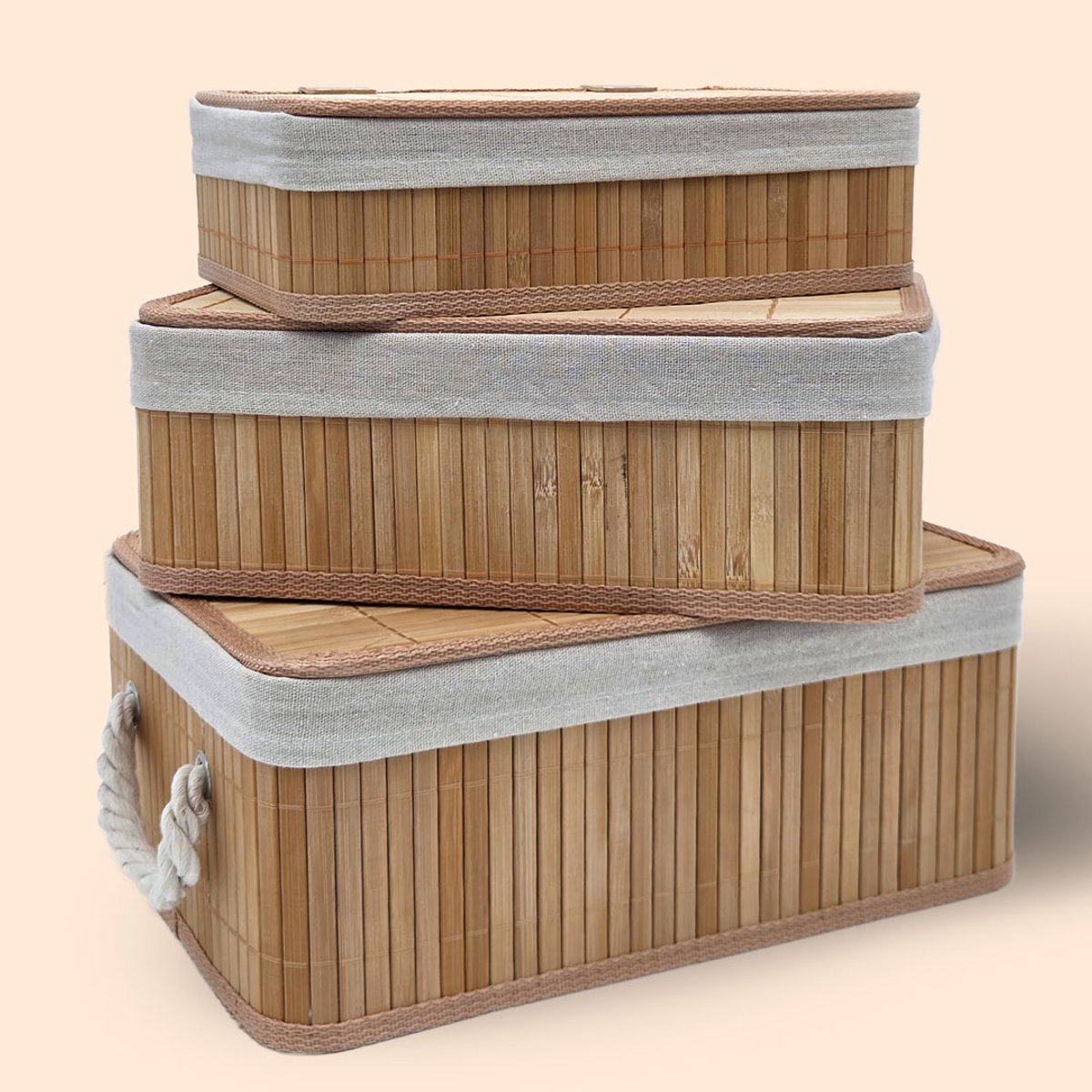 YellowPack opbergmand set bamboe - 35x25x14cm - 32x22x12cm - 29x19x10cm - Keuken en badkamermandjes - stapelbaar - naturel - Multifunctionele mand - Opberg Box/Doos/Mand/Vakken - Opbergsysteem