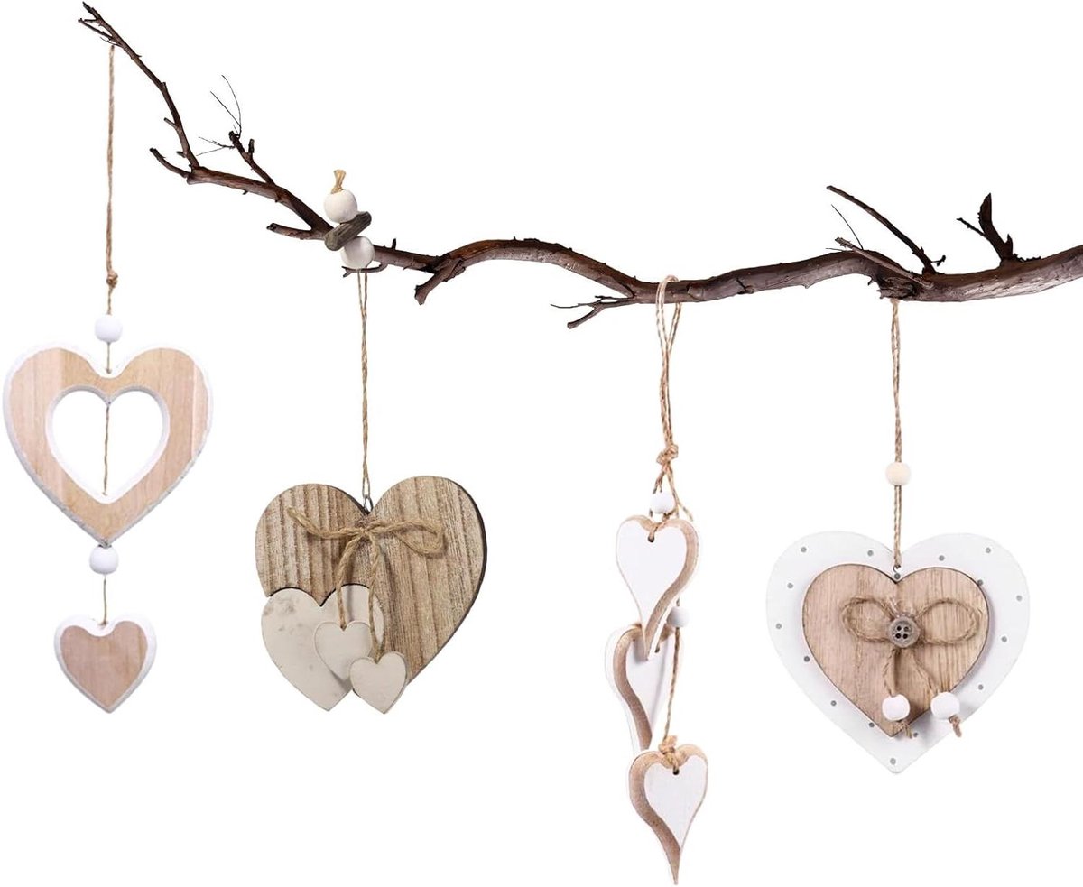 Ronte - Houten hangers met hartmotief - Set van 4 - Decoratieve raamdecoratie - Woonaccessoires - Sfeervolle decoratie voor ramen - Hal - Slaapkamer - Woonkamer.