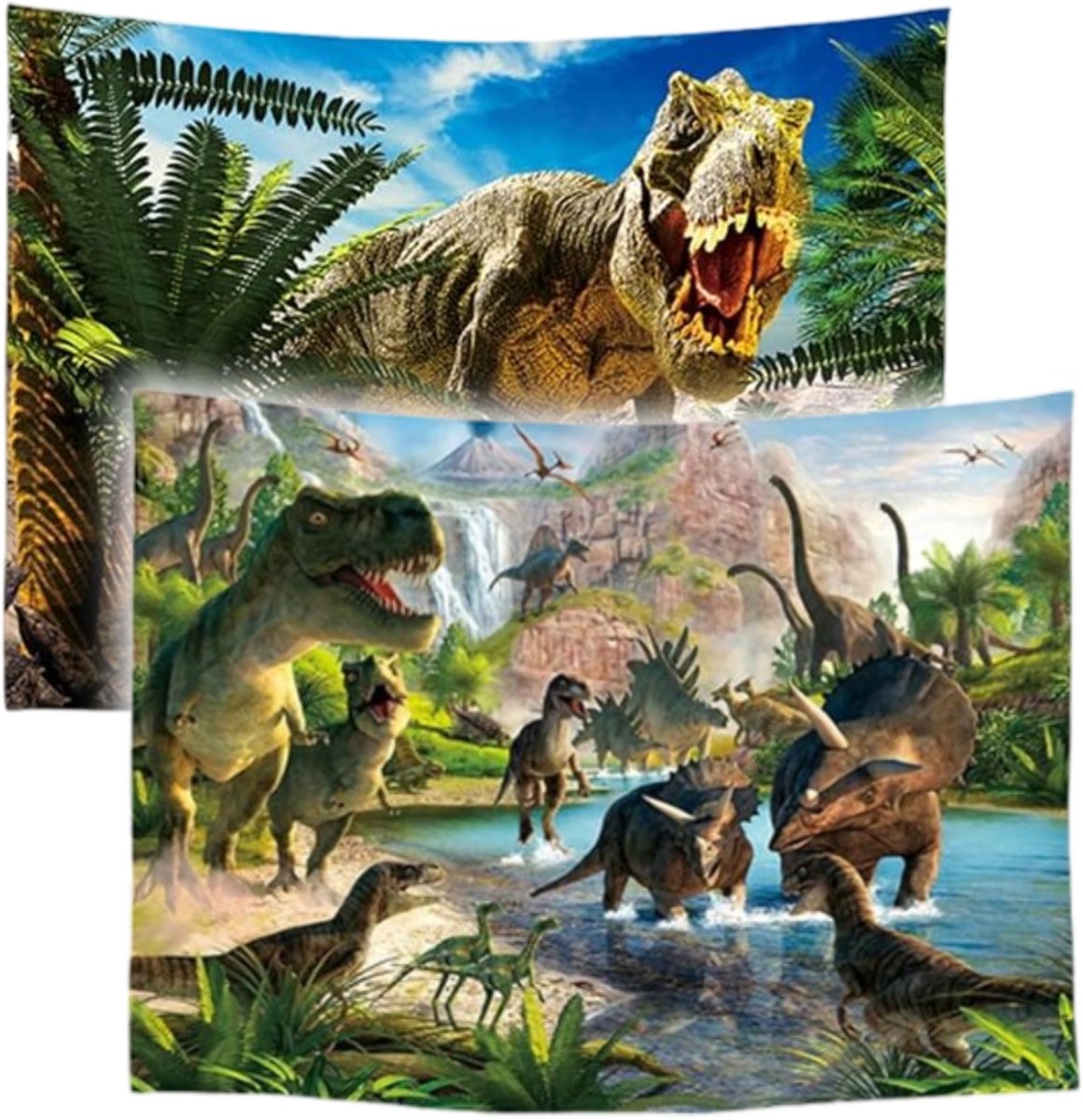 Ulticool – Wandkleed - Dinosaurus Groep T-Rex - Set van 2 designs – 73 cm x 95 cm – Schilderij Wandtapijt Stof – Poster Art – Groen