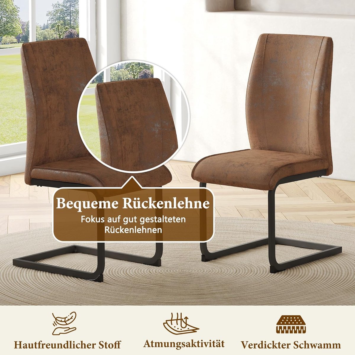 Eetkamerstoel Novihome Urban 2er Set – Moderne Kunstleren Stijl met Hoog Rugleuning en Metalen Frame, Comfortabele Keuken- en Barstoelen, Belastbaar tot 100 kg, Velours-achtig Bruin, Voor Esskamer, Keuken en Woonkamer