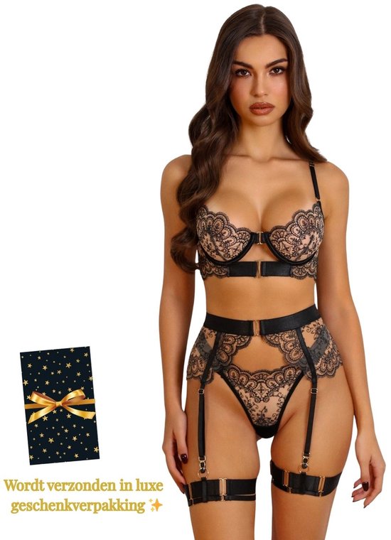 Foto: Luxe lingerieset dames lingerie erotisch sexy lingerie 4 delige set zwart kant lingerie setje verleidelijke bh met jarretels hoge taille string sexy lingerie chique luxe boudoir look kinky erotisch maat xs s m l xl