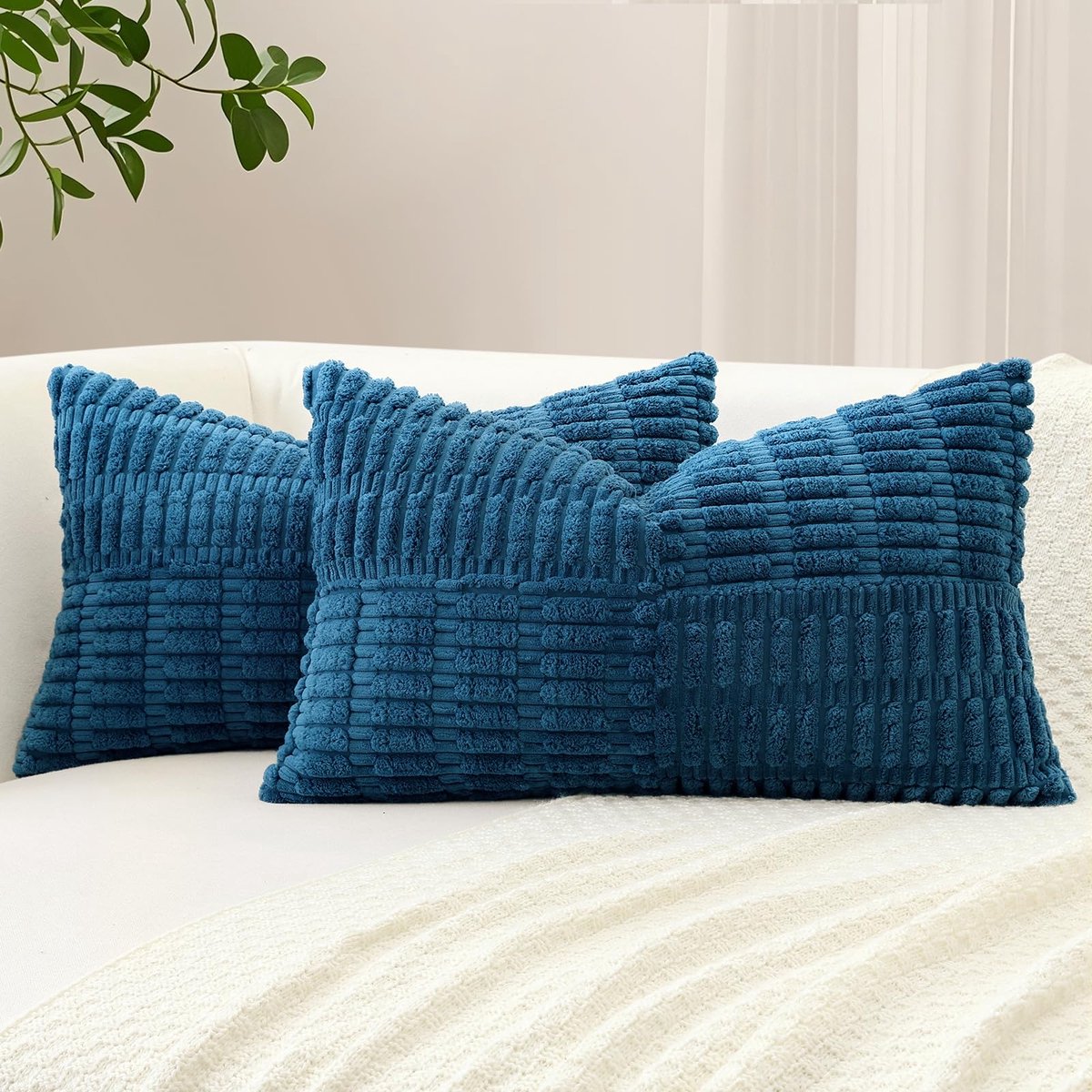 Unyqoos Set van 2 Corduroy Kussenslopen met Gestreept Patchwork Design in Boho Stijl Stofblauw