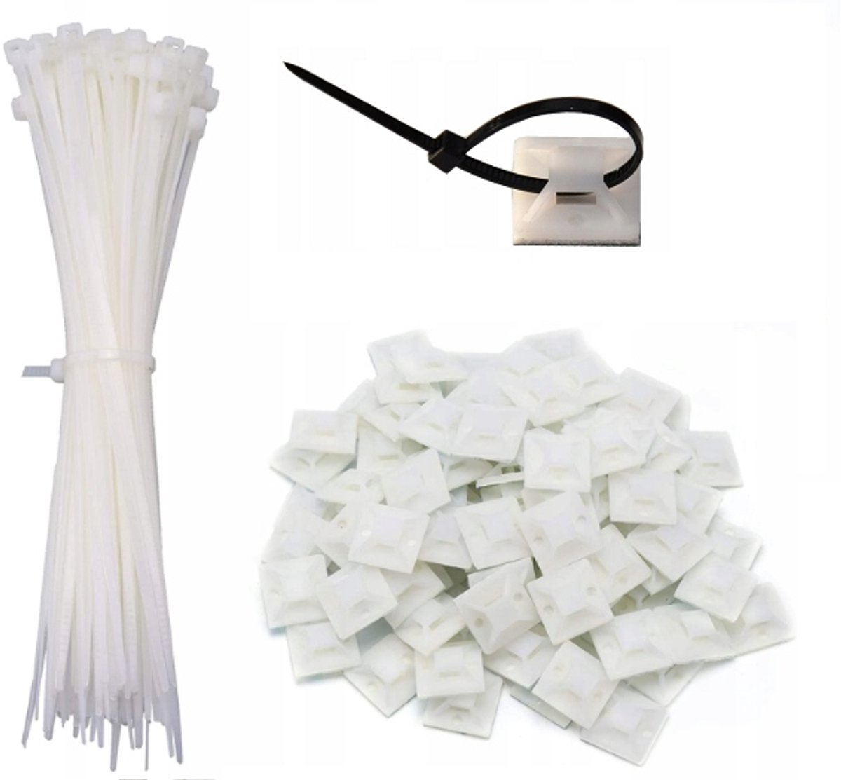 100x Zelfklevende kabelclips 30x30mm + 100x Witte kabelbinders 2,5x100mm