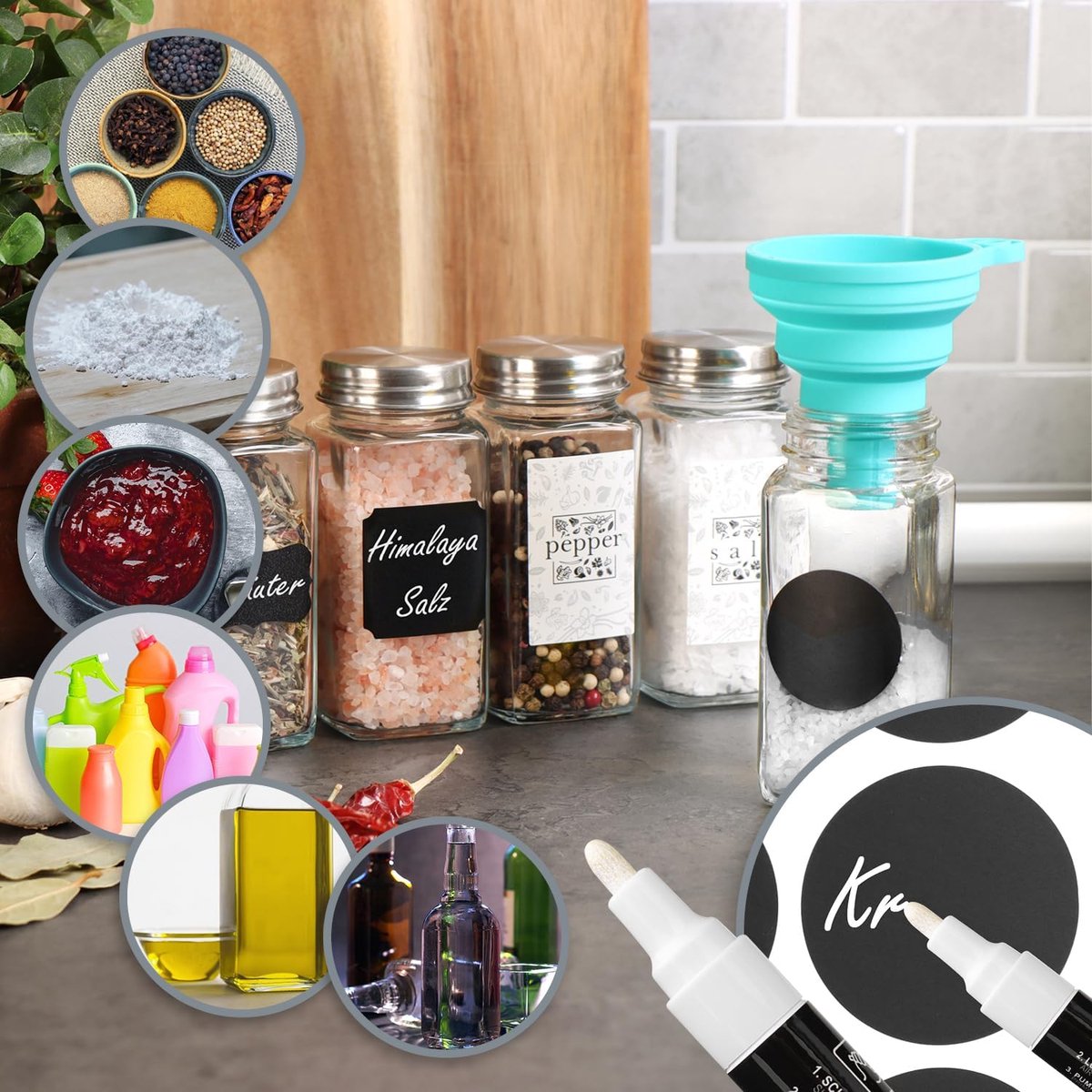 Candala 12x kruidenpotjes met accessoires - glazen kruidencontrole ml,