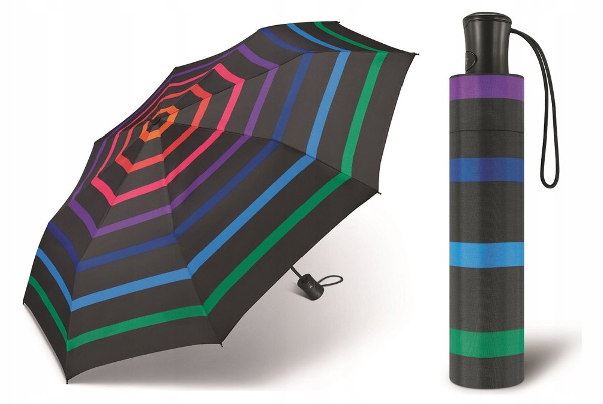 Happy Rain Automatische Handtas Paraplu - Zwart met Kleurrijke Strepen