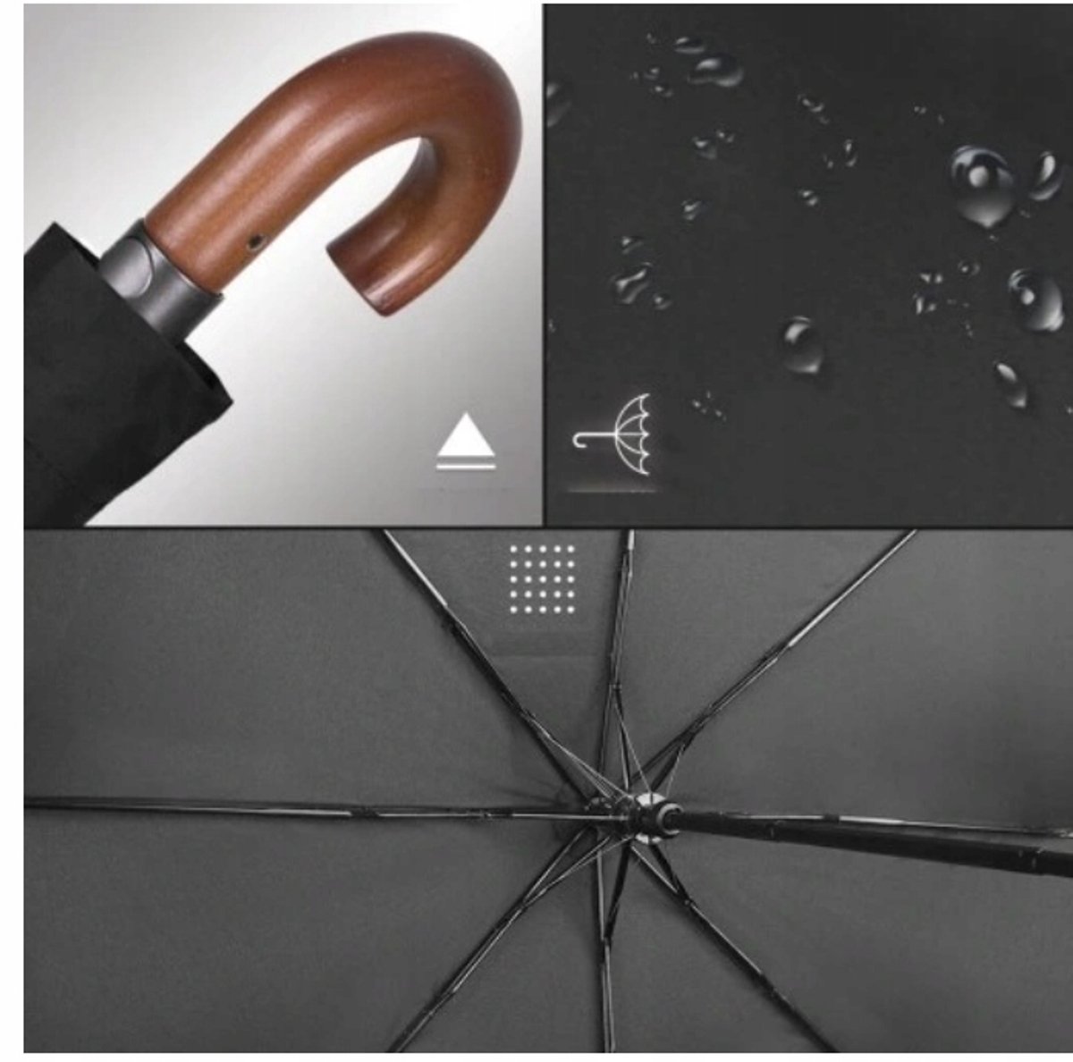 Perletti Automatische Paraplu Zwart, Opvouwbaar met Bruin Handvat & Hoes — cadeau in Sport & Outdoor - foto 3